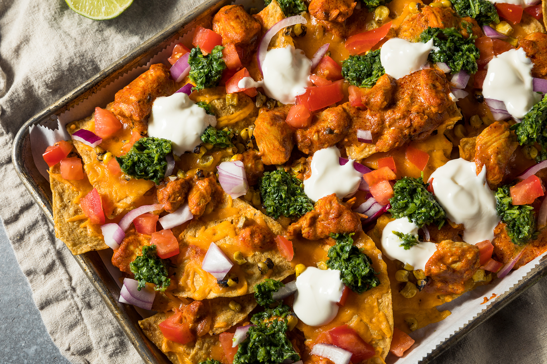 Homemade Indian Chicken Tikka Masala Nachos with Chutney and Corn